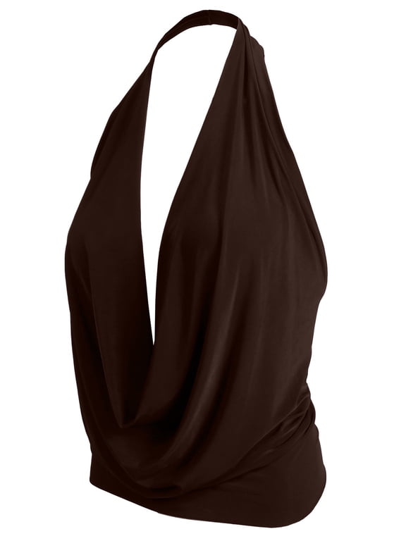 Women's Sleeveless Halter Neck Lightweight Low Cut Deep V Neck Sexy Draped Backless Top Blouse NEWT07 Brown M