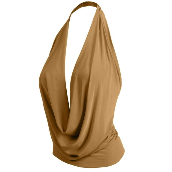 J. METHOD Women's Sleeveless Halter Neck Lightweight Low Cut Deep V Neck Sexy Draped Backless Top Blouse NEWT07 Camel L