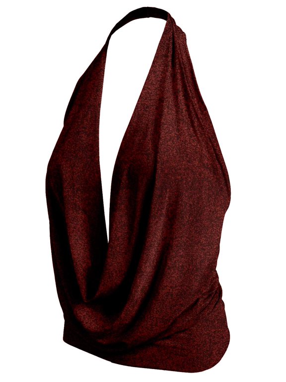 Women's Sleeveless Halter Neck Lightweight Low Cut Deep V Neck Sexy Draped Backless Top Blouse NEWT07 Glitter Ruby L
