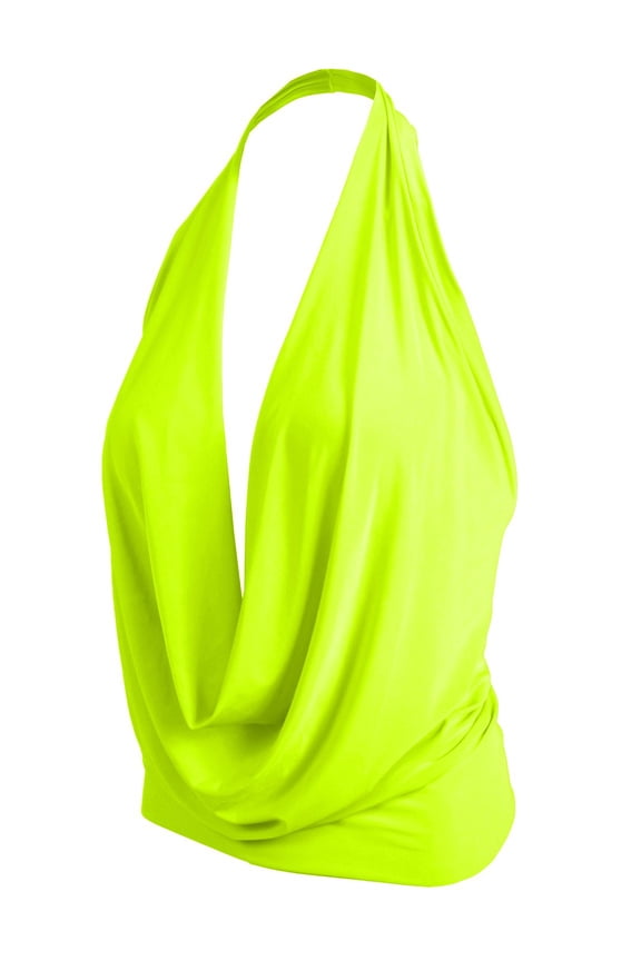Women's Sleeveless Halter Neck Lightweight Low Cut Deep V Neck Sexy Draped Backless Top Blouse NEWT07 Neon Yellow L
