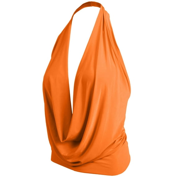 J. METHOD Women's Sleeveless Halter Neck Lightweight Low Cut Deep V Neck Sexy Draped Backless Top Blouse NEWT07 Orange M