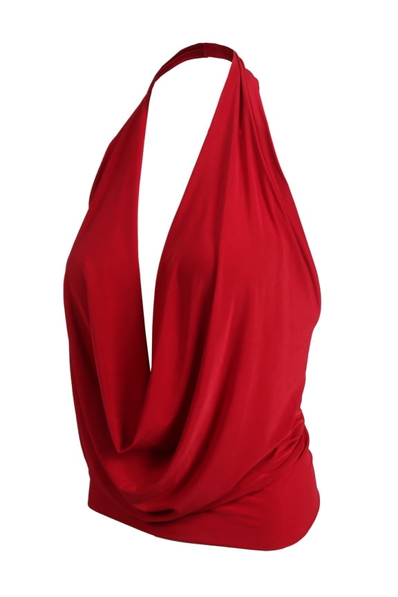 Women's Sleeveless Halter Neck Lightweight Low Cut Deep V Neck Sexy Draped Backless Top Blouse NEWT07 Red L