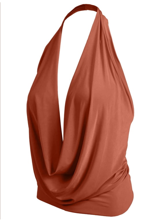 Women's Sleeveless Halter Neck Lightweight Low Cut Deep V Neck Sexy Draped Backless Top Blouse NEWT07 Rust L