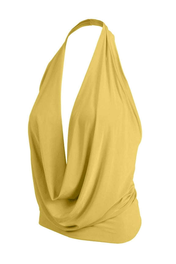 Women's Sleeveless Halter Neck Lightweight Low Cut Deep V Neck Sexy Draped Backless Top Blouse NEWT07 Yellow S