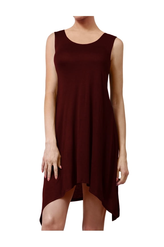 Women's Sleeveless Round Neck Flare Curved Hem Swing Tank Top Dress NEWDR61 Burgundy M