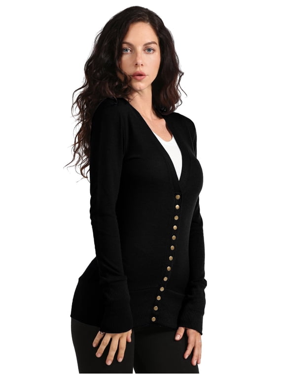 Women's Snap Button Cardigan Long Sleeve Knit Ribbed Sweater NEWJ181 Black XL