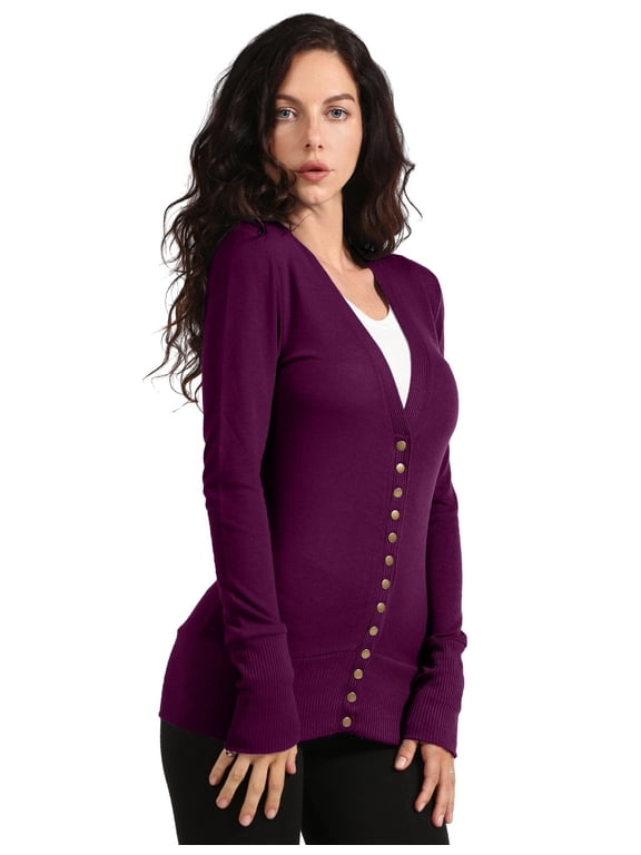 Women's Snap Button Cardigan Long Sleeve Knit Ribbed Sweater NEWJ181 Dark Plum 2X
