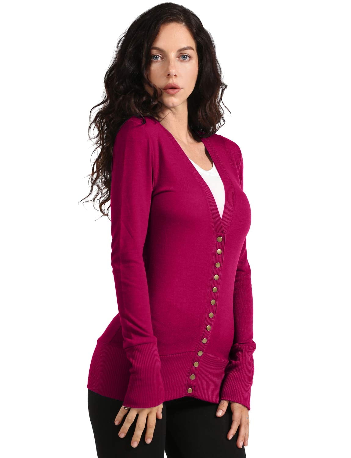 Women's Snap Button Cardigan Long Sleeve Knit Ribbed Sweater NEWJ181 Magenta 1X