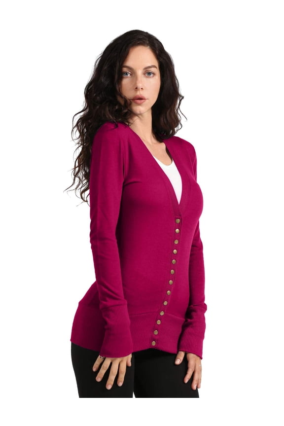 Women's Snap Button Cardigan Long Sleeve Knit Ribbed Sweater NEWJ181 Magenta XL