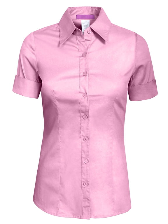 Women's Tailored Button Down Shirt Cuffed Short Sleeve Stretch Collar Office Work Formal Casual Basic Blouse Top NEWT06 Baby Pink S