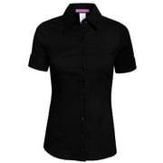 J. METHOD Women's Tailored Button Down Shirt Cuffed Short Sleeve Stretch Collar Office Work Formal Casual Basic Blouse Top NEWT06 Black 2X