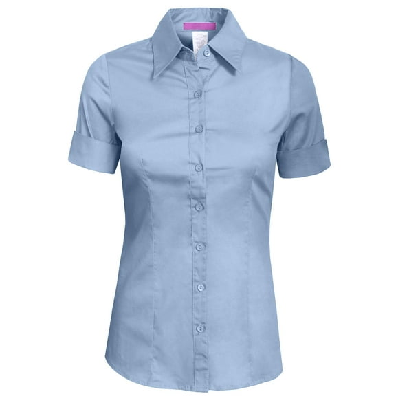J. METHOD Women's Tailored Button Down Shirt Cuffed Short Sleeve Stretch Collar Office Work Formal Casual Basic Blouse Top NEWT06 Blue S