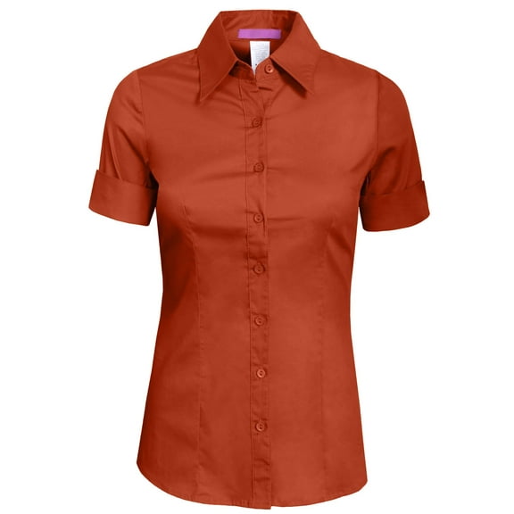 J. METHOD Women's Tailored Button Down Shirt Cuffed Short Sleeve Stretch Collar Office Work Formal Casual Basic Blouse Top NEWT06 Clear Orange M