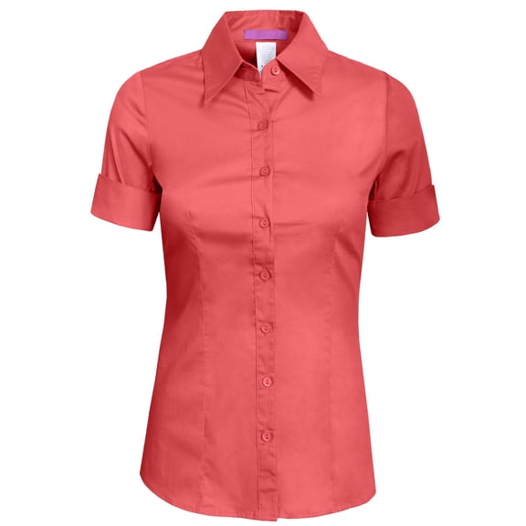 J. METHOD Women's Tailored Button Down Shirt Cuffed Short Sleeve Stretch Collar Office Work Formal Casual Basic Blouse Top NEWT06 Coral 1X