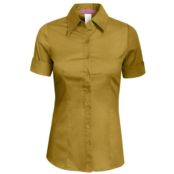 J. METHOD Women's Tailored Button Down Shirt Cuffed Short Sleeve Stretch Collar Office Work Formal Casual Basic Blouse Top NEWT06 Khaki XL