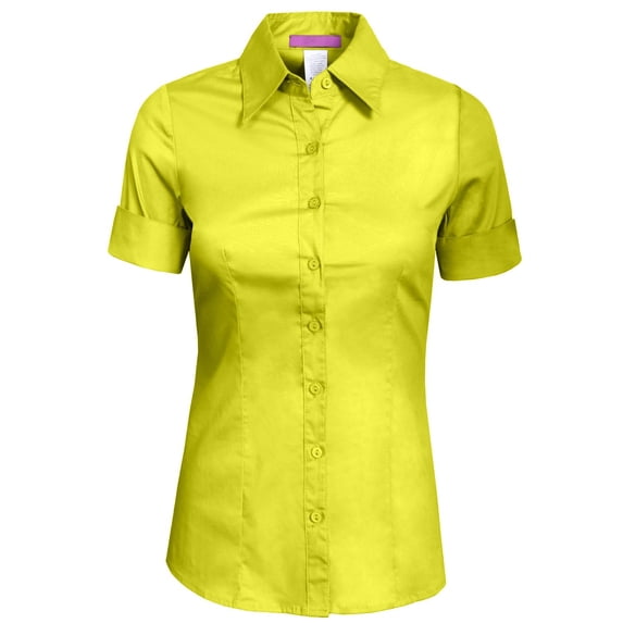 J. METHOD Women's Tailored Button Down Shirt Cuffed Short Sleeve Stretch Collar Office Work Formal Casual Basic Blouse Top NEWT06 Lemonzest M