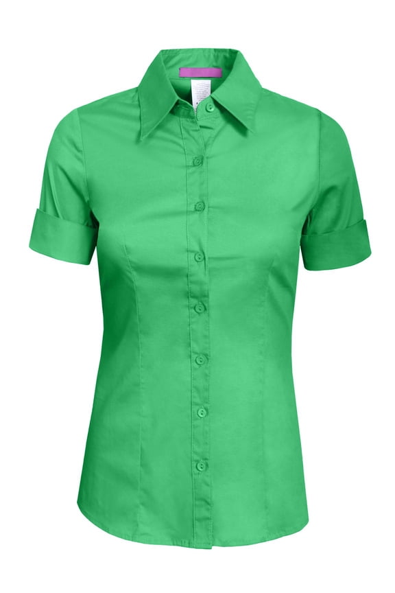 Women's Tailored Button Down Shirt Cuffed Short Sleeve Stretch Collar Office Work Formal Casual Basic Blouse Top NEWT06 Lime 2X
