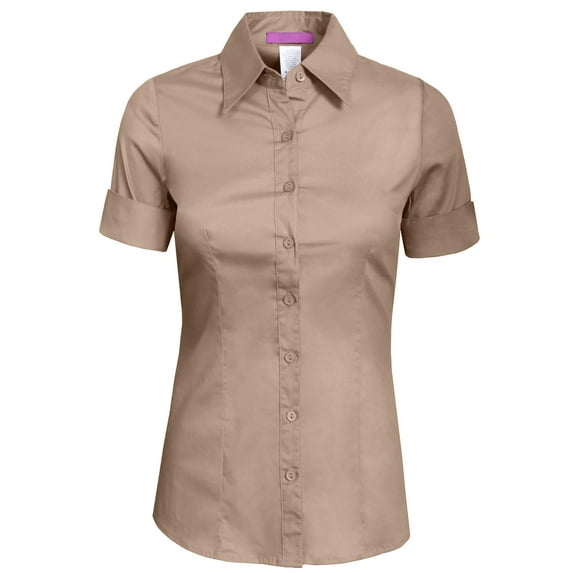 J. METHOD Women's Tailored Button Down Shirt Cuffed Short Sleeve Stretch Collar Office Work Formal Casual Basic Blouse Top NEWT06 Muffintan 1X
