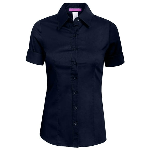 J. METHOD Women's Tailored Button Down Shirt Cuffed Short Sleeve Stretch Collar Office Work Formal Casual Basic Blouse Top NEWT06 Navy Blue 1X