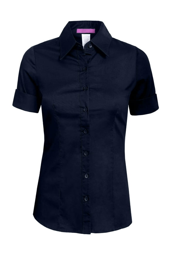 Women's Tailored Button Down Shirt Cuffed Short Sleeve Stretch Collar Office Work Formal Casual Basic Blouse Top NEWT06 Navy Blue 1X
