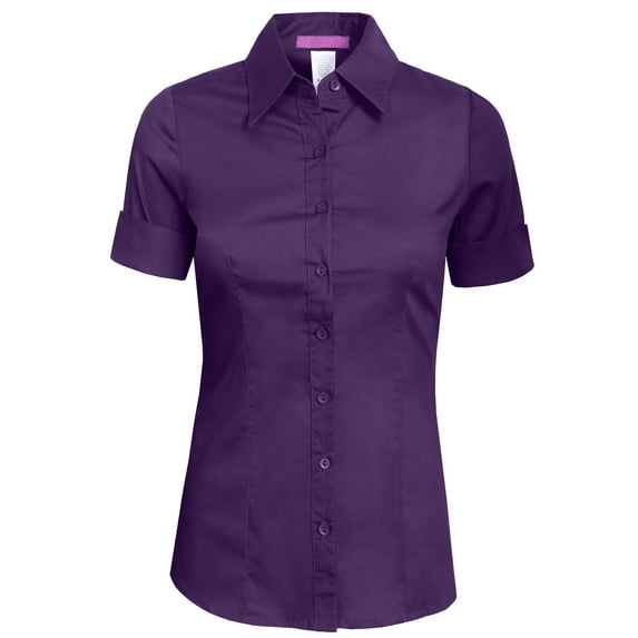 J. METHOD Women's Tailored Button Down Shirt Cuffed Short Sleeve Stretch Collar Office Work Formal Casual Basic Blouse Top NEWT06 Purple M