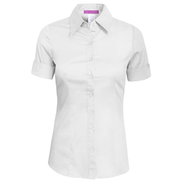 J. METHOD Women's Tailored Button Down Shirt Cuffed Short Sleeve Stretch Collar Office Work Formal Casual Basic Blouse Top NEWT06 White M