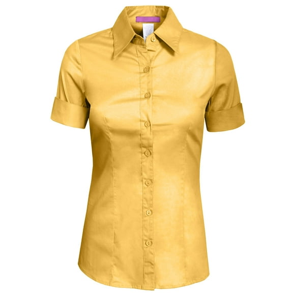 J. METHOD Women's Tailored Button Down Shirt Cuffed Short Sleeve Stretch Collar Office Work Formal Casual Basic Blouse Top NEWT06 Yellow M