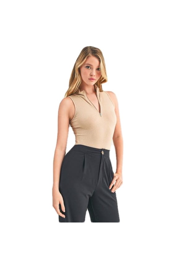 Women's Tank Top Bodysuit – Sleeveless Mock Neck Zipper Ribbed Knit Slim Fit Sweater