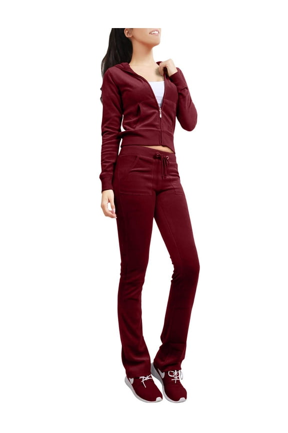 Women’s Tracksuit Set Casual 2 Piece Outfit Slim Fit Velour Velvet Zip Up Hoodie Jacket Top and Sweatpants Sweatsuit NEWTS03 Burgundy S