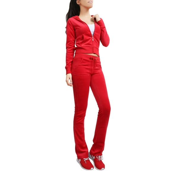 J. METHOD Women’s Tracksuit Set Casual 2 Piece Outfit Slim Fit Velour Velvet Zip Up Hoodie Jacket Top and Sweatpants Sweatsuit NEWTS03 Red L