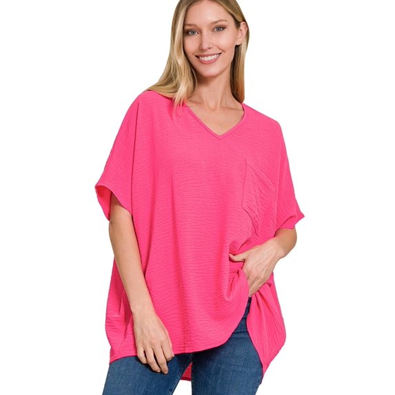 J. METHOD Women's Tunic Top - Woven Airflow V-neck Dolman Short Sleeve T Shirts with Chest Pocket