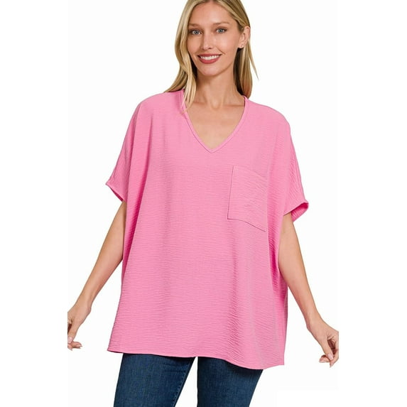 J. METHOD Women's Tunic Top - Woven Airflow V-neck Dolman Short Sleeve T Shirts with Chest Pocket