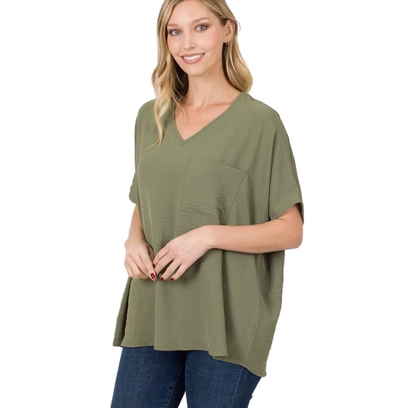 J. METHOD Women's Tunic Top - Woven Airflow V-neck Dolman Short Sleeve T Shirts with Chest Pocket