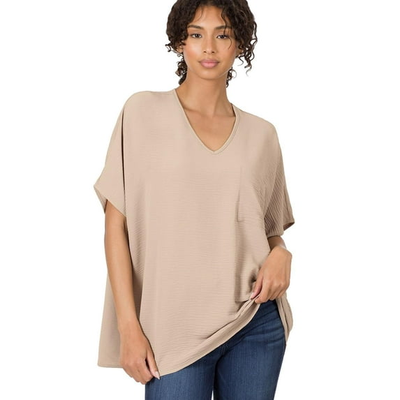 J. METHOD Women's Tunic Top - Woven Airflow V-neck Dolman Short Sleeve T Shirts with Chest Pocket