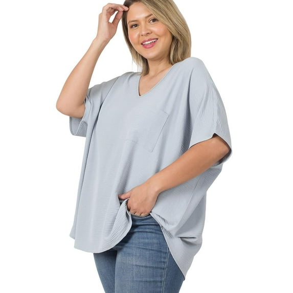 J. METHOD Women's Tunic Top - Woven Airflow V-neck Dolman Short Sleeve T Shirts with Chest Pocket