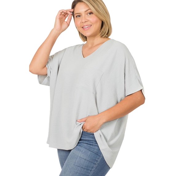 J. METHOD Women's Tunic Top - Woven Airflow V-neck Dolman Short Sleeve T Shirts with Chest Pocket