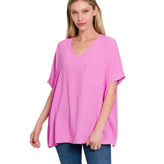 J. METHOD Women's Tunic Top - Woven Airflow V-neck Dolman Short Sleeve T Shirts with Chest Pocket