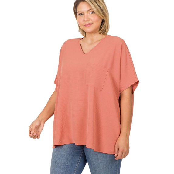 J. METHOD Women's Tunic Top - Woven Airflow V-neck Dolman Short Sleeve T Shirts with Chest Pocket