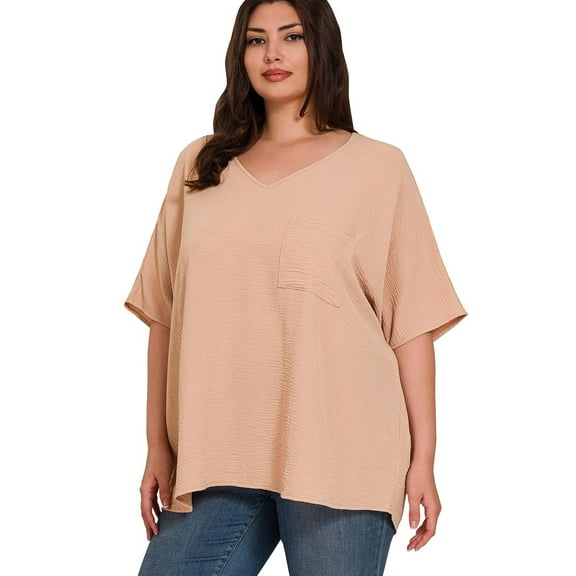 J. METHOD Women's Tunic Top - Woven Airflow V-neck Dolman Short Sleeve T Shirts with Chest Pocket