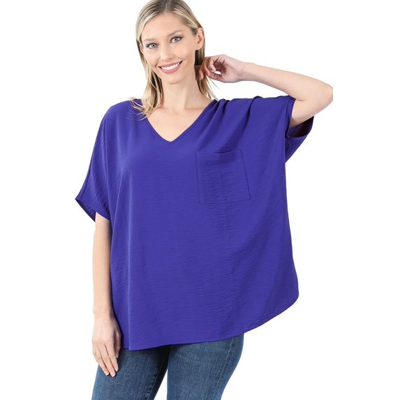 J. METHOD Women's Tunic Top - Woven Airflow V-neck Dolman Short Sleeve T Shirts with Chest Pocket