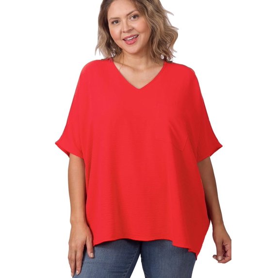 J. METHOD Women's Tunic Top - Woven Airflow V-neck Dolman Short Sleeve T Shirts with Chest Pocket