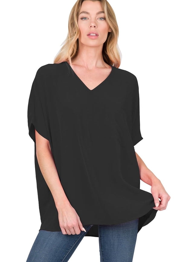 Women's Tunic Top - Woven Airflow V-neck Dolman Short Sleeve T Shirts with Chest Pocket