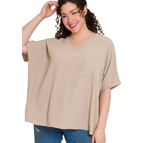 J. METHOD Women's Tunic Top - Woven Airflow V-neck Dolman Short Sleeve T Shirts with Chest Pocket