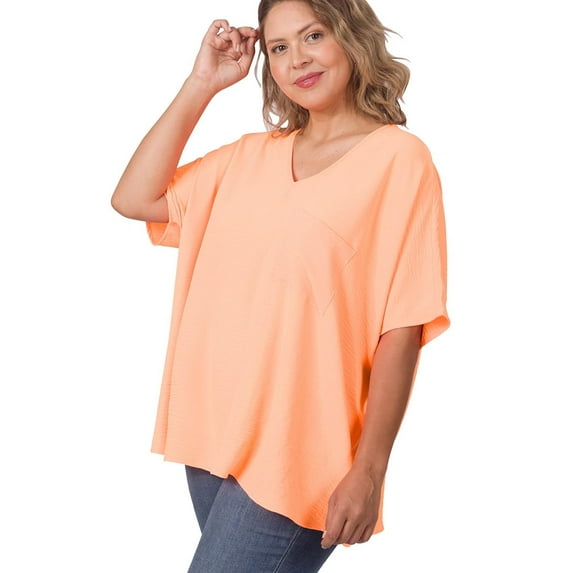 J. METHOD Women's Tunic Top - Woven Airflow V-neck Dolman Short Sleeve T Shirts with Chest Pocket