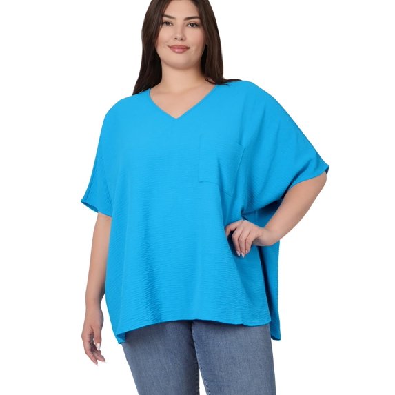 J. METHOD Women's Tunic Top - Woven Airflow V-neck Dolman Short Sleeve T Shirts with Chest Pocket