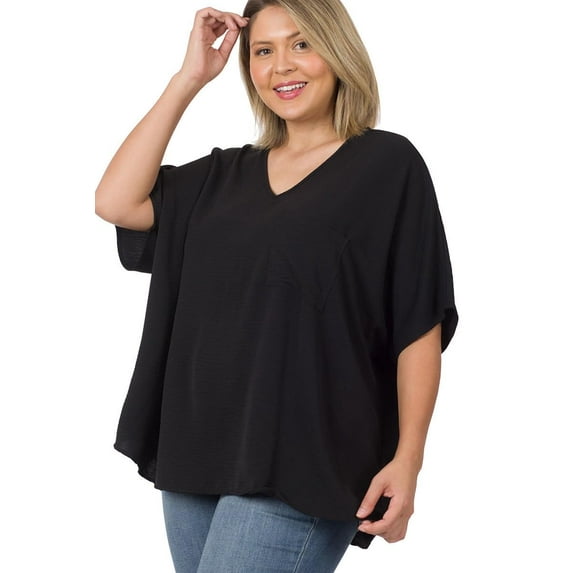 J. METHOD Women's Tunic Top - Woven Airflow V-neck Dolman Short Sleeve T Shirts with Chest Pocket