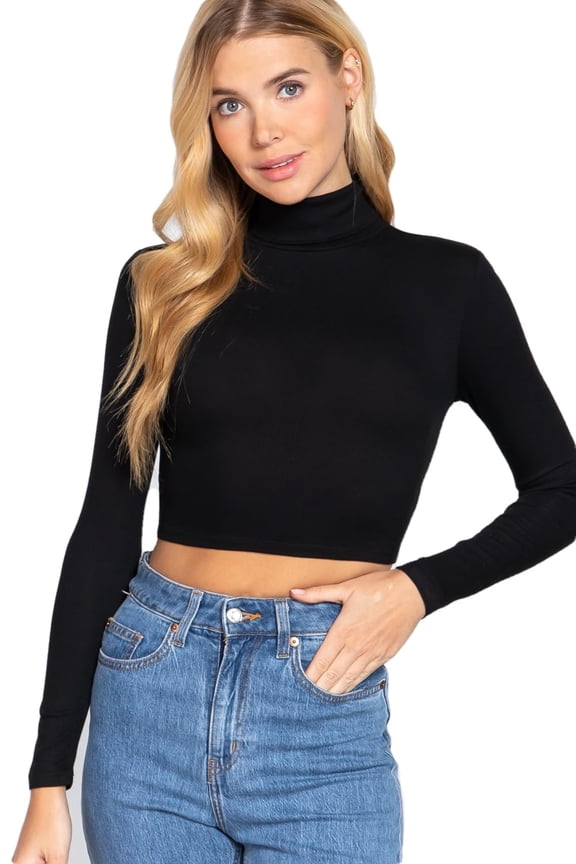 Women's Turtle Neck Crop Top Long Sleeve Ribbed Knit Casual Basic Cropped T Shirts
