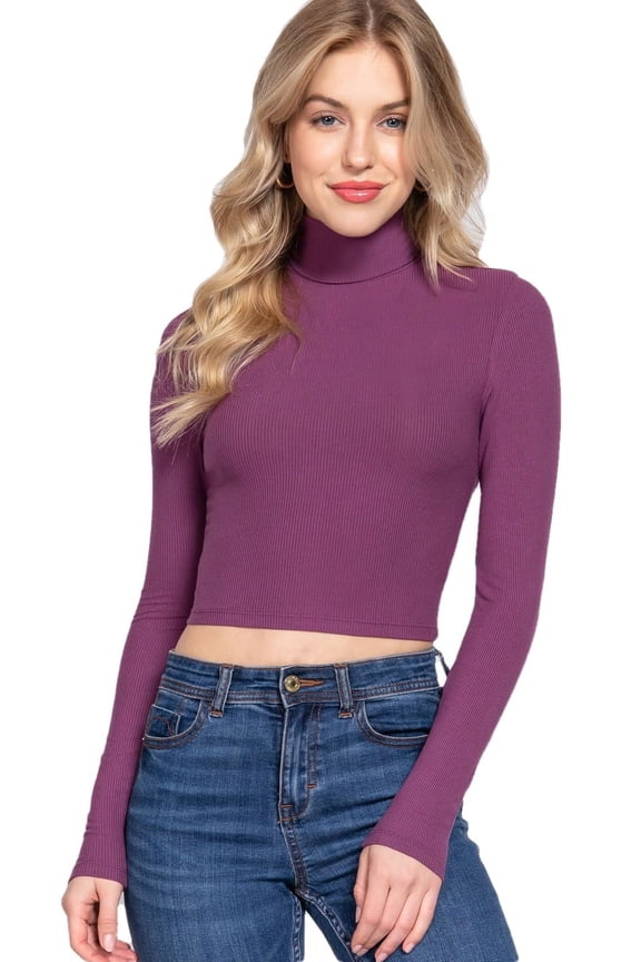 Women's Turtle Neck Crop Top Long Sleeve Ribbed Knit Casual Basic Cropped T Shirts