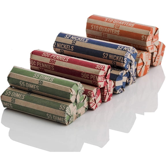 J Mark 100 Count Assorted Flat Coin Roll Wrappers - MADE IN USA, 25 Each of Quarter, Penny, Nickel and Dime Rollers and J Mark Coin Deposit Slip