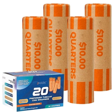 J Mark Burst Resistant Preformed Coin Roll Wrappers, $10 Quarters, Orange, 20 Count